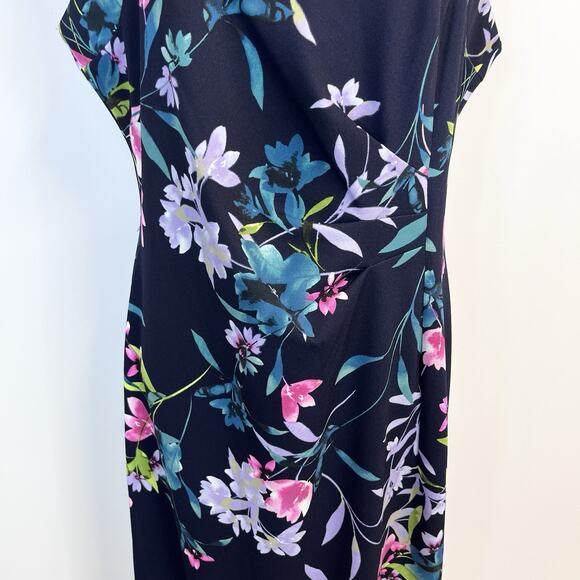 Connect Apparel Dress size 14 Navy Blue Pink Floral Stretch Knee Wedding Church - Picture 5 of 10